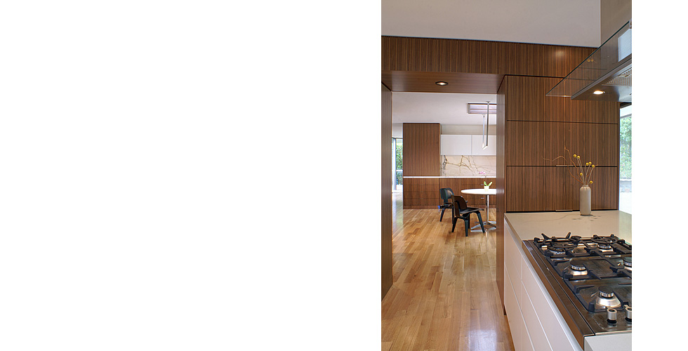 Contemporary kitchen in white lacquer and quarter-sawn walnut