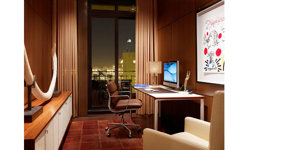 Contemporary cabinetry in the kitchen, bathroom, bedroom and office.