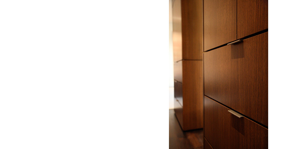 Contemporary cabinetry in the kitchen, bathroom, bedroom and office.