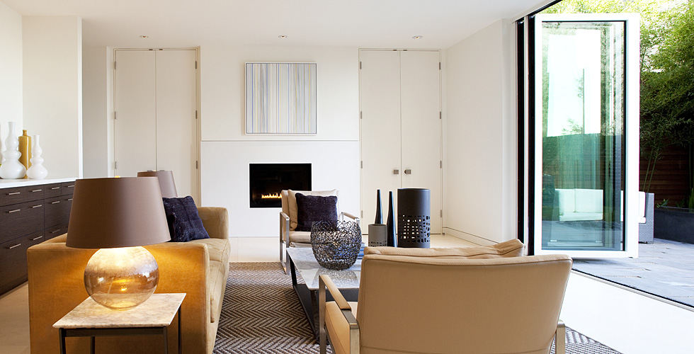 Contemporary, dark stained wall paneling.